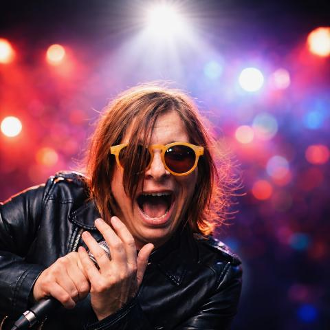 A photo of Bettina Wenzel showing her in a black leather jacket with sunglasses on and a microphone in her hands under disco lights.
